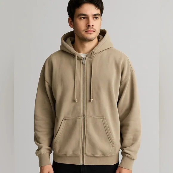 Brandy Melville Oversized Zip-Up Hoodie | Tan Neutral Fleece Lined Sweatshirt - Picture 2 of 7